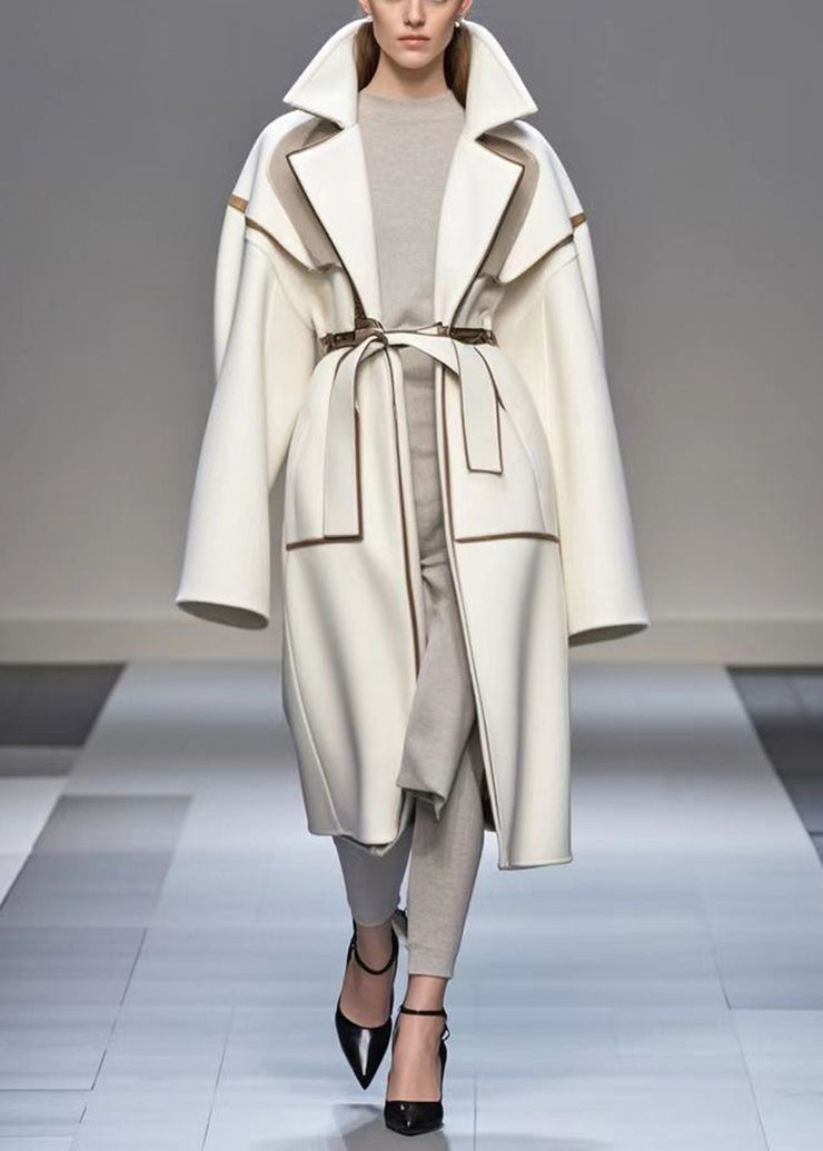 Modern White Oversized Patchwork Woolen Coat Fall