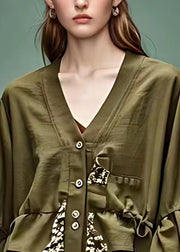 Natural Army Green V Neck Print Outwear Flare Sleeve