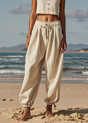 Natural Beige Patchwork Tie Waist Lantern Pants Summer