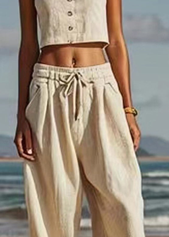 Natural Beige Patchwork Tie Waist Lantern Pants Summer