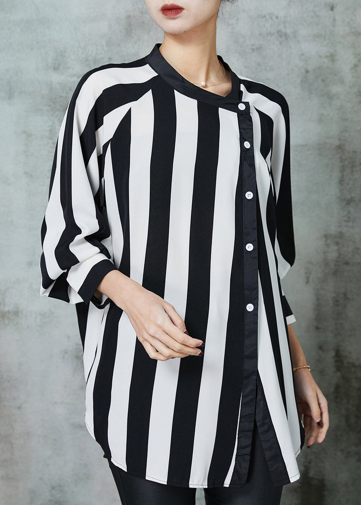 Natural Black Asymmetrical Striped Chiffon Top Spring