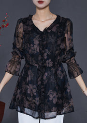 Natural Black Ruffled Print Tulle Tops Spring