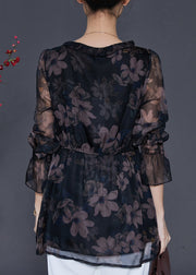 Natural Black Ruffled Print Tulle Tops Spring