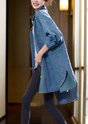 Natural Blue Peter Pan Collar Pockets Jacquard Denim Coat Fall