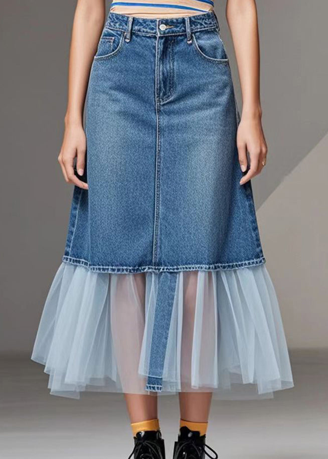 Natural Blue Silm Fit Patchwork Denim Tulle Skirt Spring