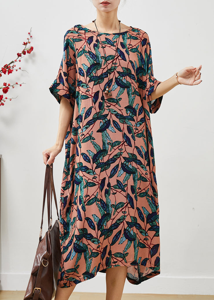 Natural Brown Oversized Print Linen Maxi Dress Summer