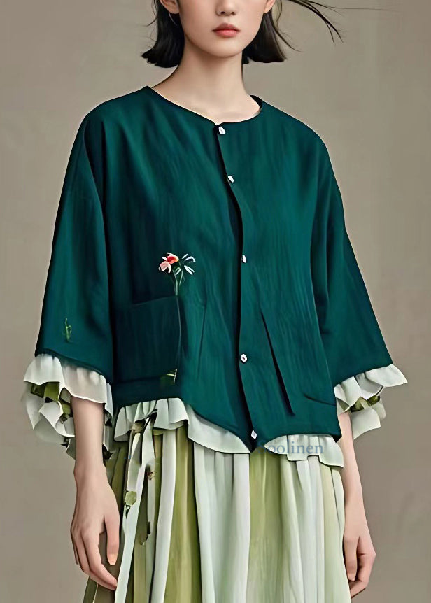 Natural Dull Green Pockets Floral Coats Fall