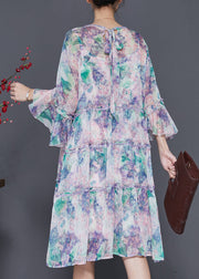 Natural Light Purple V Neck Print Chiffon Dresses Summer