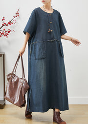 Natural Navy Oversized Pockets Denim Maxi Dresses Summer