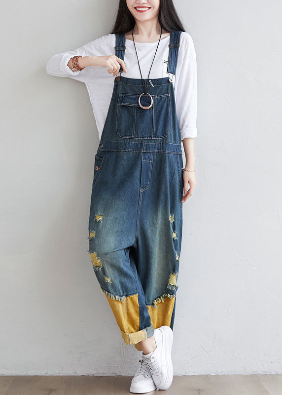 Natural Navy Patchwork Tasseled Denim Jumpsuit Spring