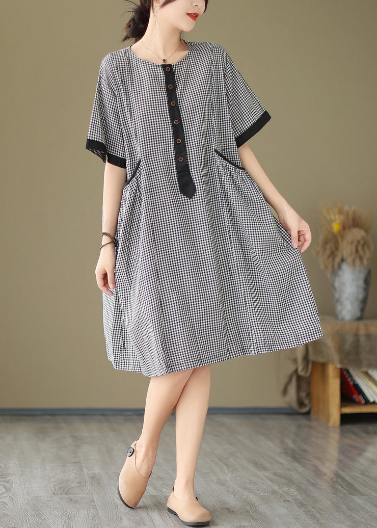 Natural O Neck Big Plaid Pockets Loose Cotton Dress Summer