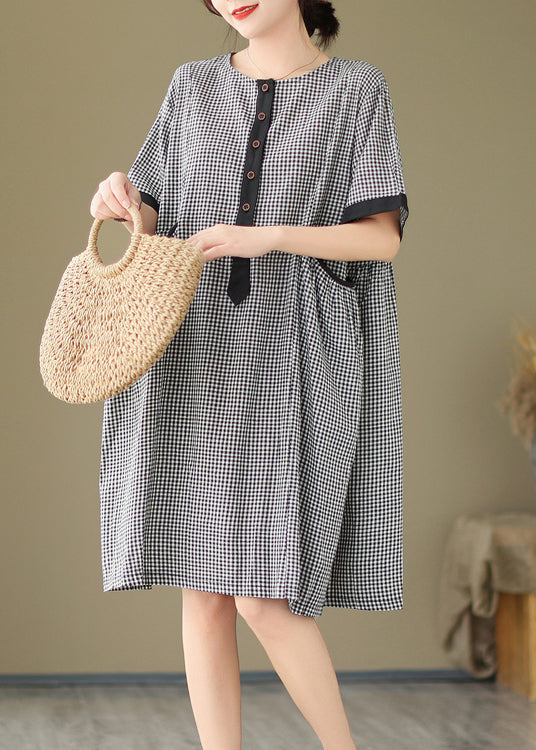 Natural O Neck Big Plaid Pockets Loose Cotton Dress Summer