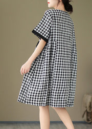 Natural O Neck Big Plaid Pockets Loose Cotton Dress Summer