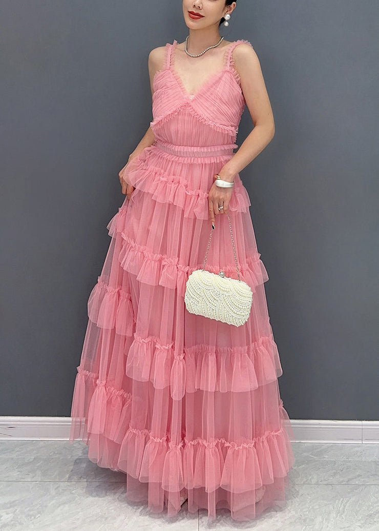 Natural Pink Ruffled Patchwork Tulle Spaghetti Strap Long Dress Summer