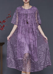 Natural Purple Embroidered Tulle Long Dresses Summer