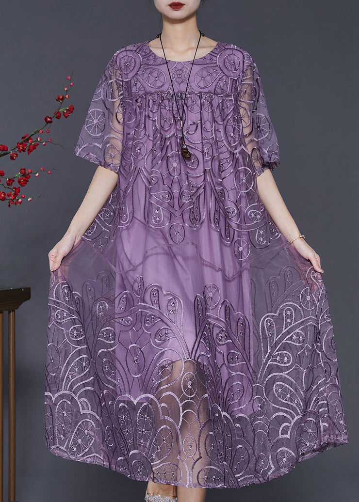 Natural Purple Embroidered Tulle Long Dresses Summer