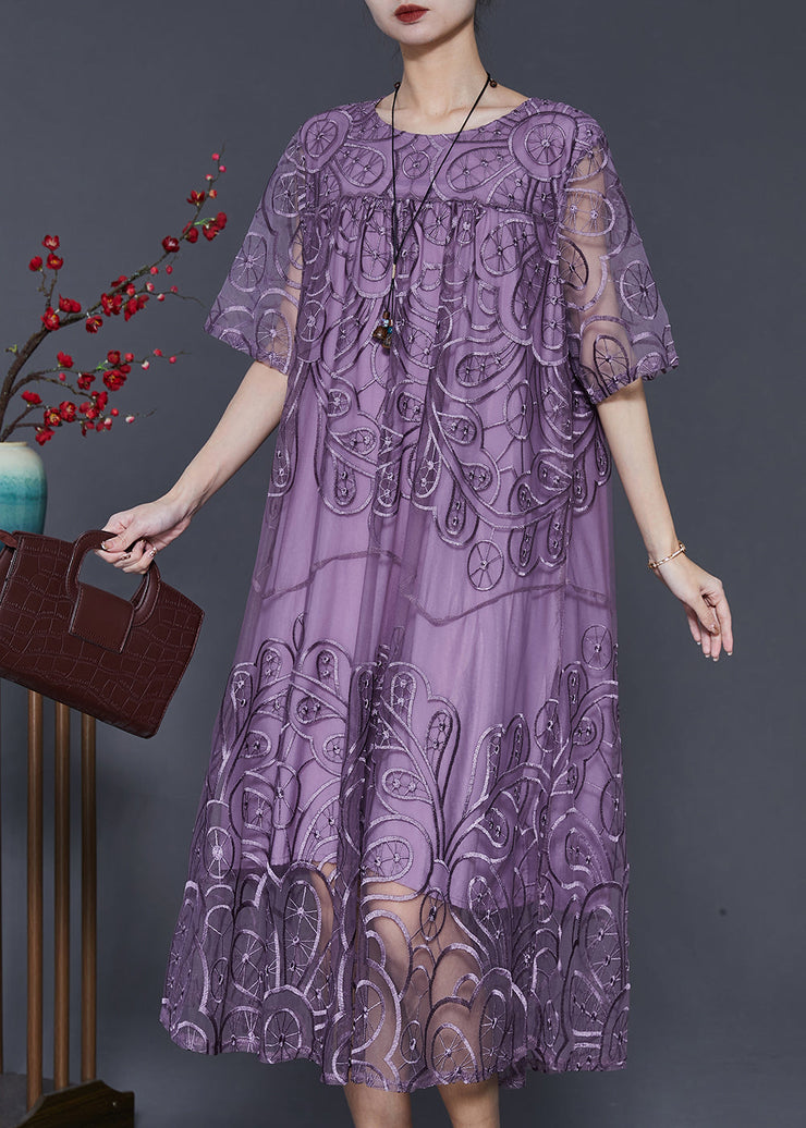 Natural Purple Embroidered Tulle Long Dresses Summer