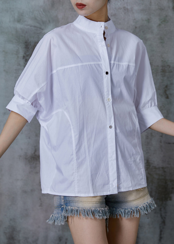 Natural White Stand Collar Puff Sleeve Cotton Shirt Top Summer