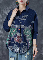 Navy Cotton Shirt Top Embroidered Half Sleeve