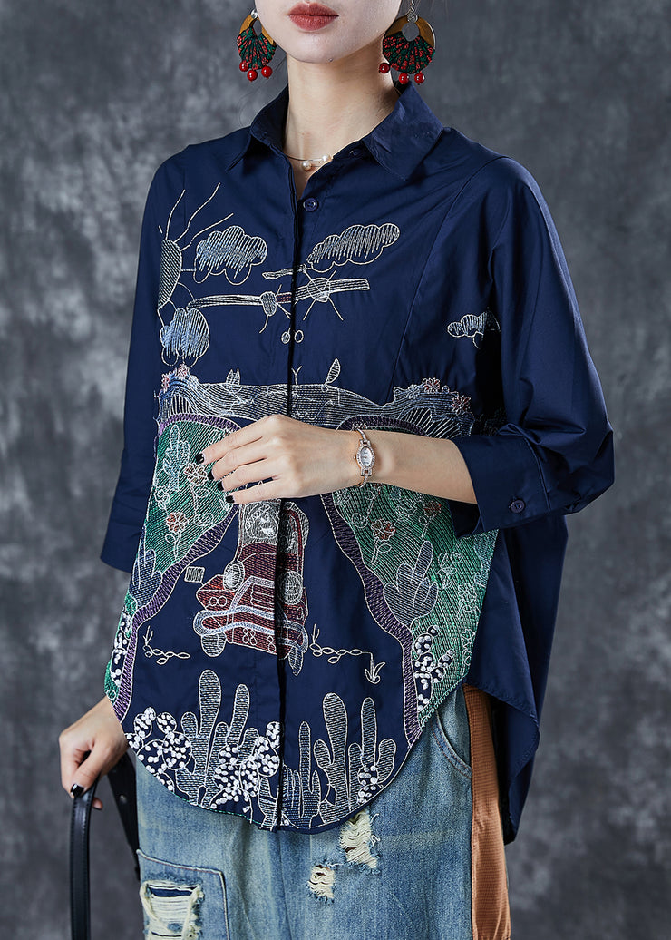 Navy Cotton Shirt Top Embroidered Half Sleeve