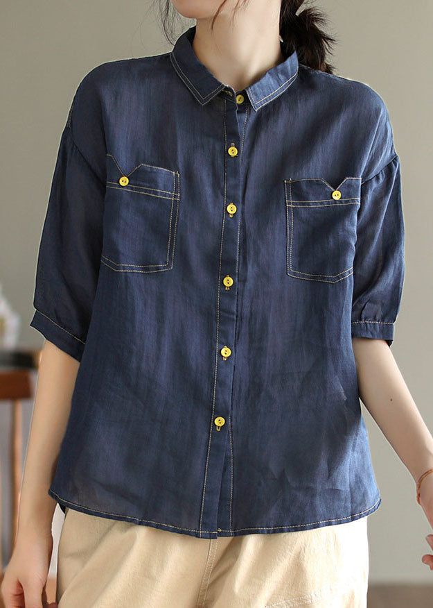 Navy Patchwork Cotton Shirt Top Peter Pan Collar Pockets Summer