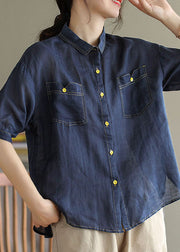 Navy Patchwork Cotton Shirt Top Peter Pan Collar Pockets Summer