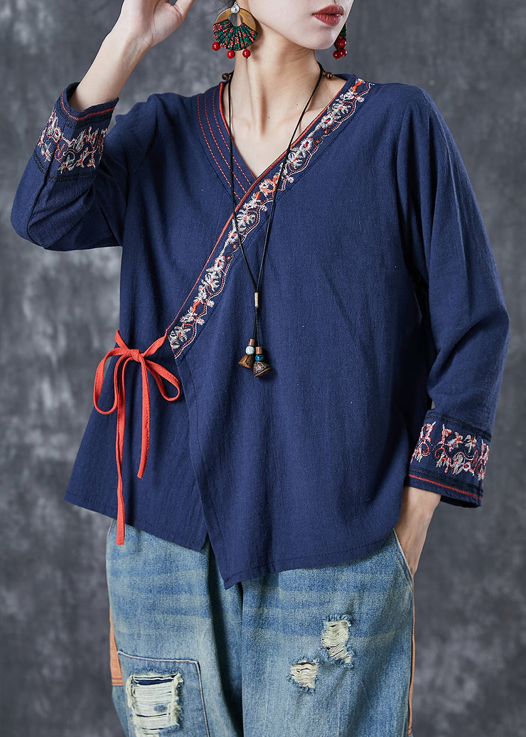 Navy Patchwork Linen Blouse Top Embroidered Summer