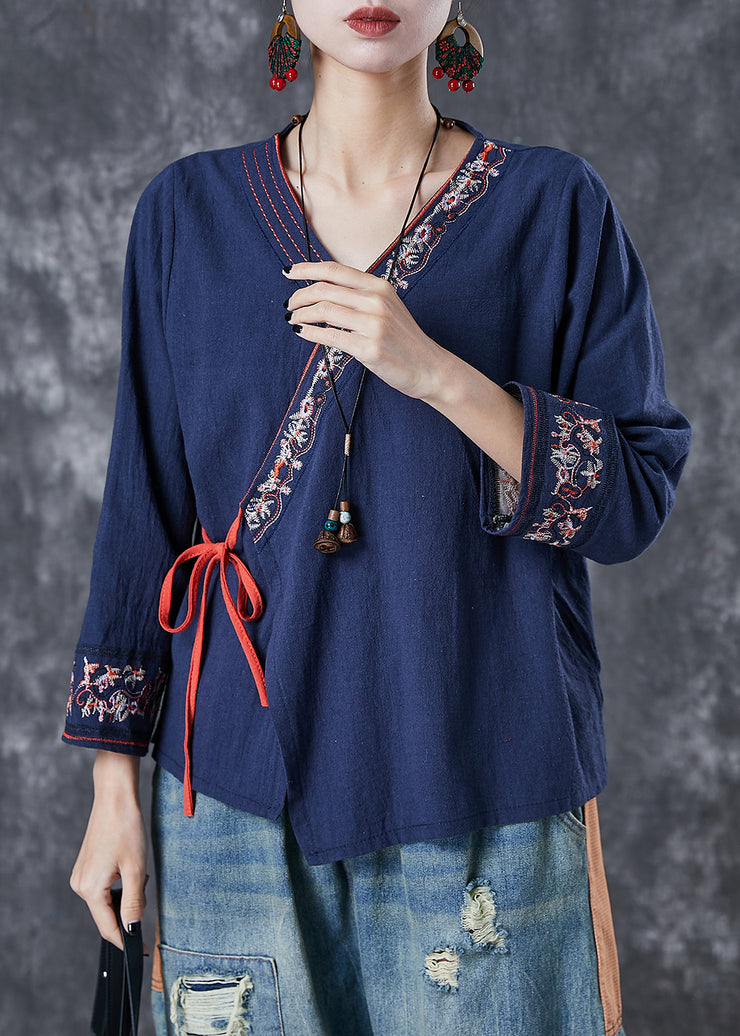 Navy Patchwork Linen Blouse Top Embroidered Summer