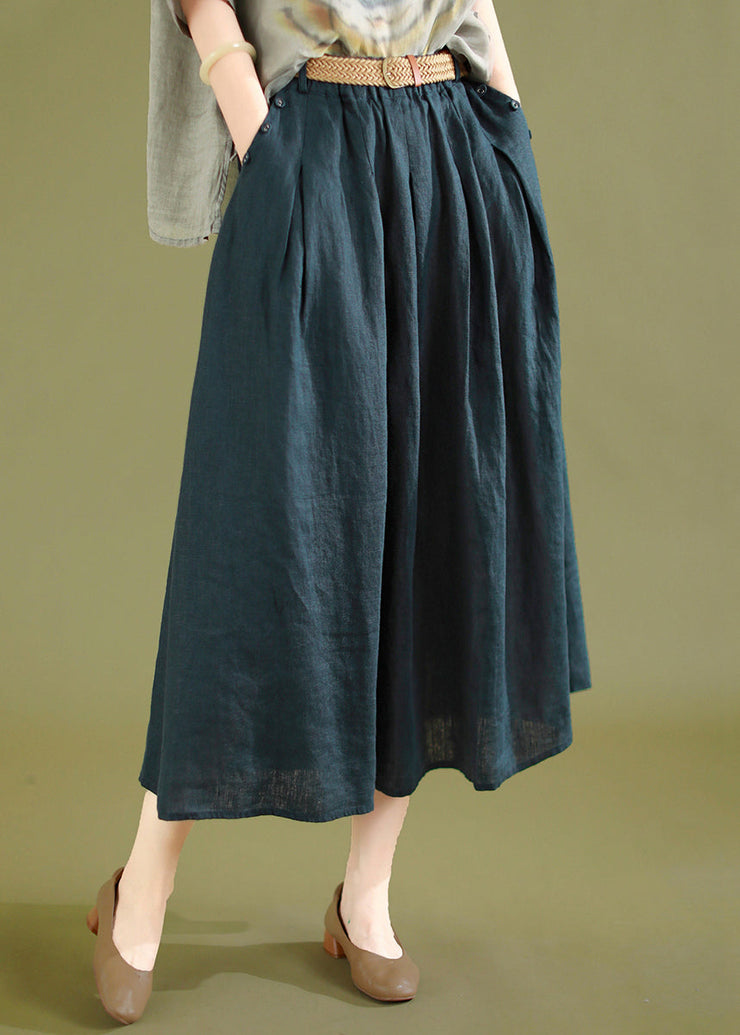 Navy Wrinkled Solid Linen Skirts Elastic Waist Summer