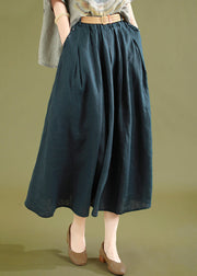 Navy Wrinkled Solid Linen Skirts Elastic Waist Summer