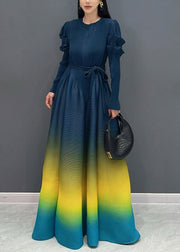 Navy Wrinkled Tie Waist Long Dresses Fall