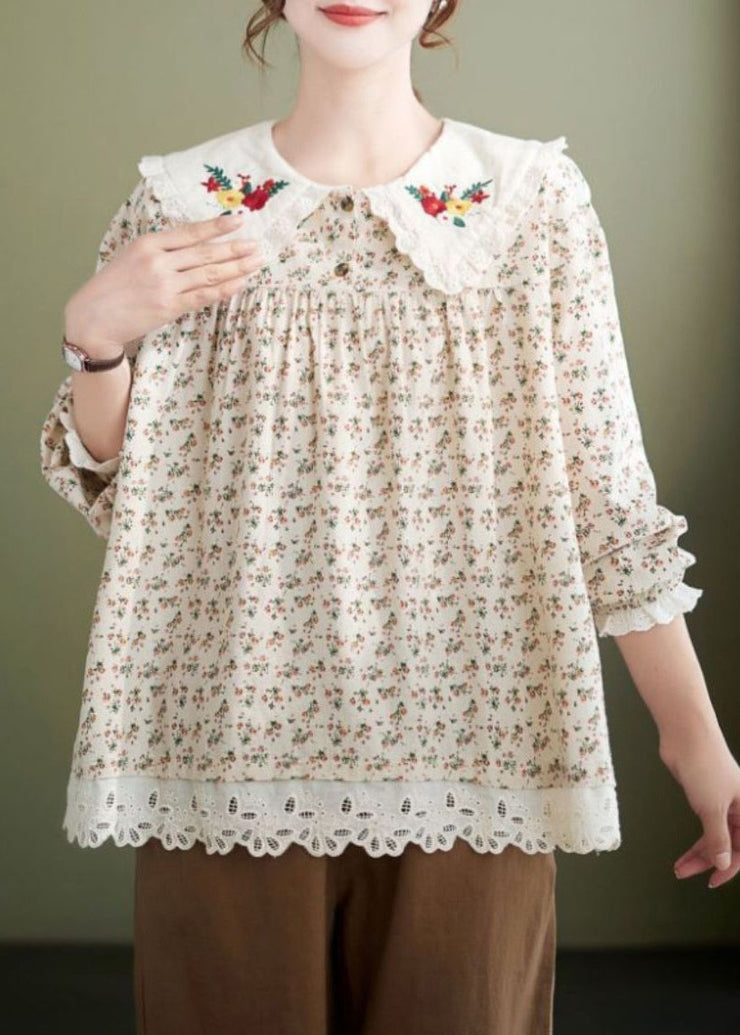 New Apricot Peter Pan Collar Print Cotton T Shirt Spring