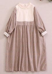 New Apricot Ruffled Print Hollow Out Cotton Long Dress Spring