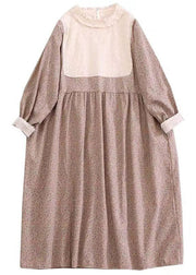 New Apricot Ruffled Print Hollow Out Cotton Long Dress Spring