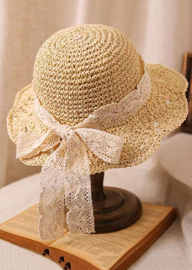 New Beige Hollow Out Lace Straw Woven Bucket Hat