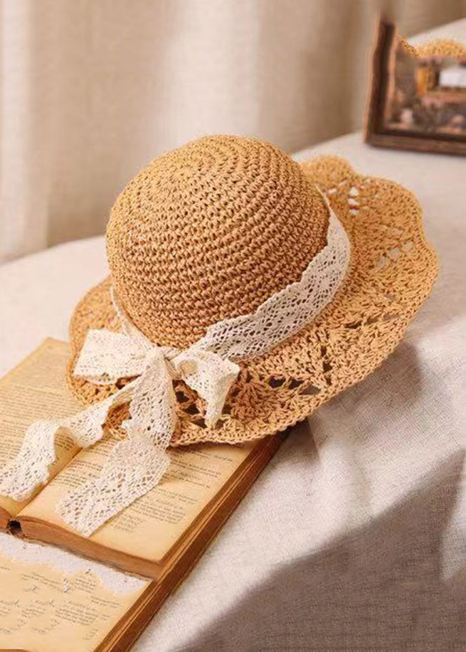 New Beige Hollow Out Lace Straw Woven Bucket Hat