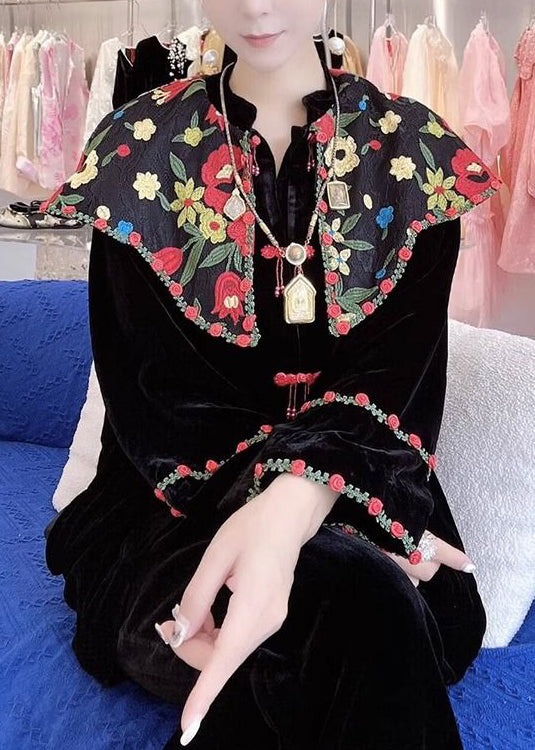 New Black Embroidered Button Silk Velour Shirt Long Sleeve