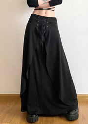 New Black Lace Up Solid High Waist Cotton Skirts Summer