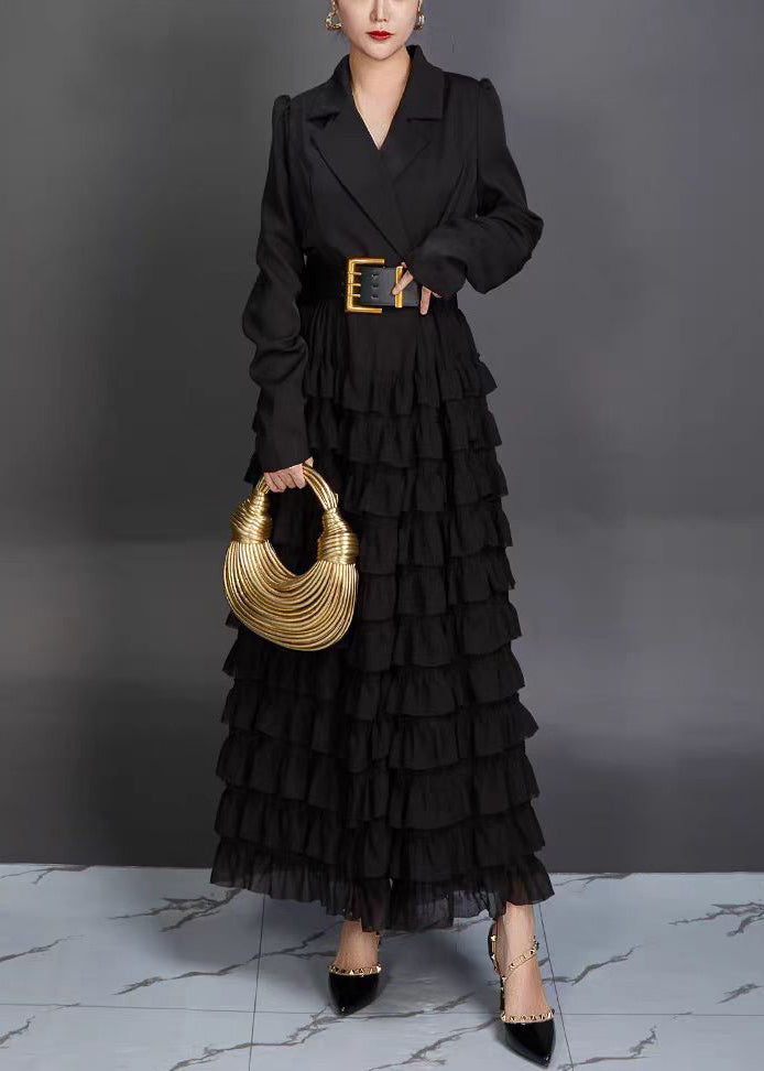 New Black Notched Ruffled Spandex Long Dresses Fall