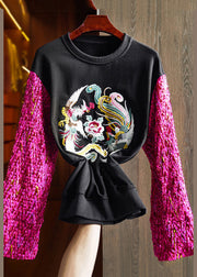 New Black O Neck Embroideried Patchwork Cotton Sweatshirts Fall