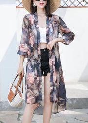 New Black Print Low High Design Chiffon Cardigans Bracelet Sleeve