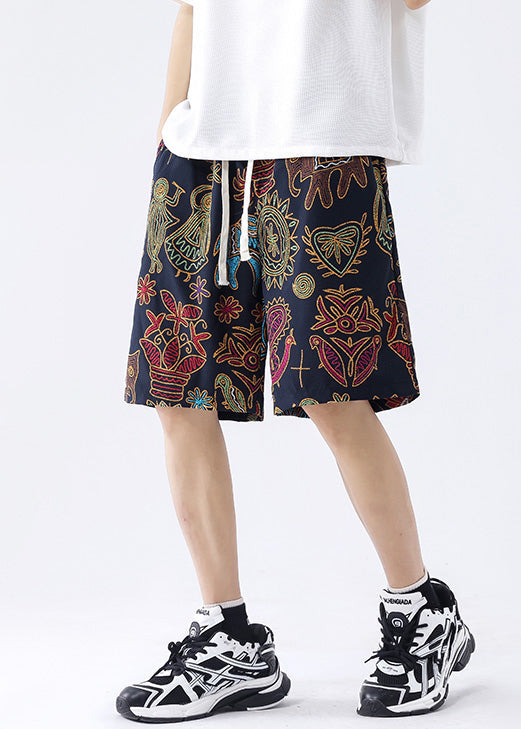 New Black Print Pockets Ice Silk Summer Mens Shorts