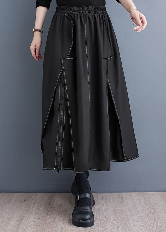 New Black Zippered Pockets Elastic Waist Cotton Skirts Fall