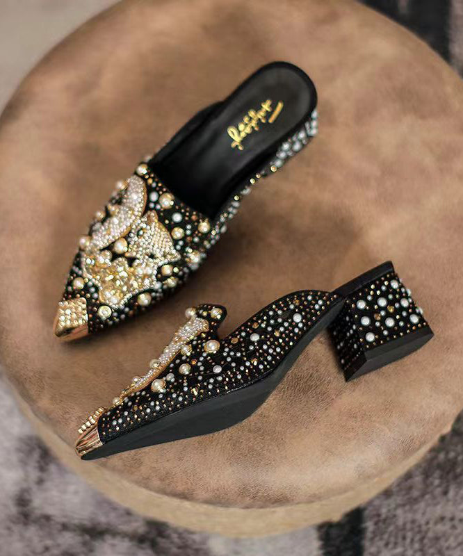 New Black Zircon Chunky Heel Pointed Toe Slide Sandals