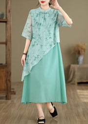 New Blue Asymmetrical Print Cotton Long Dresses Half Sleeve