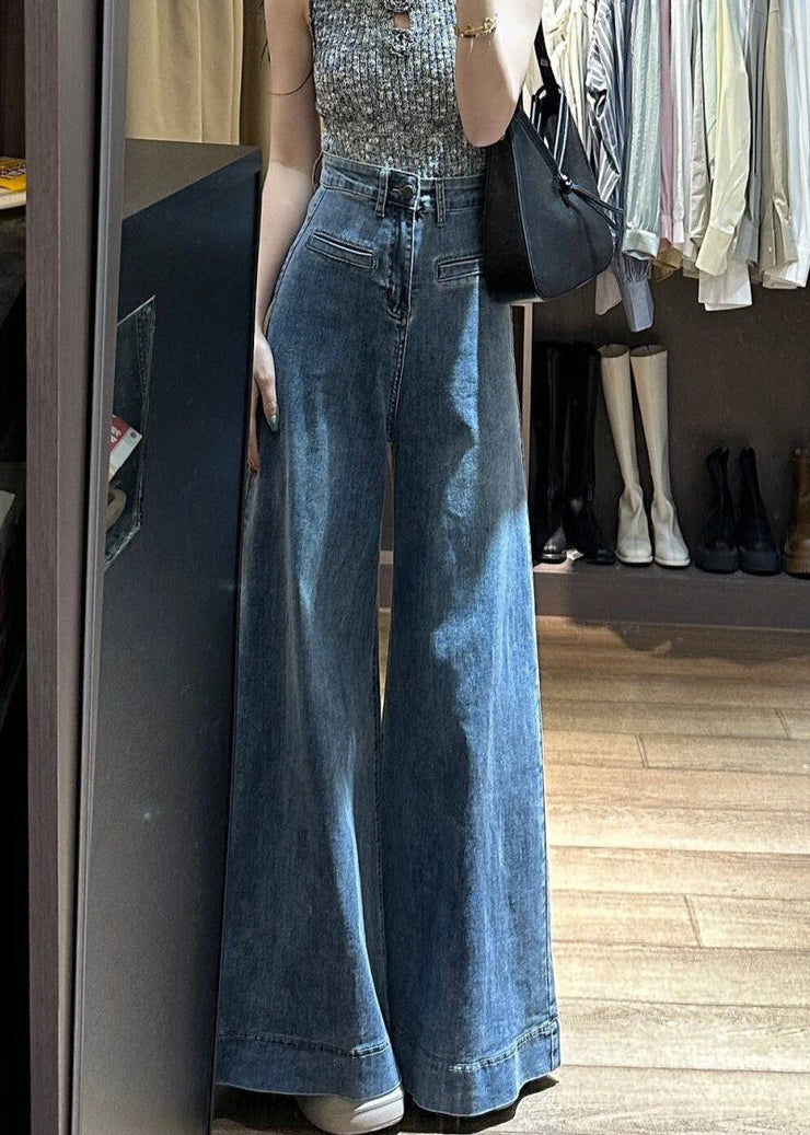 New Blue Button High Waist Denim Wide Leg Pants Summer