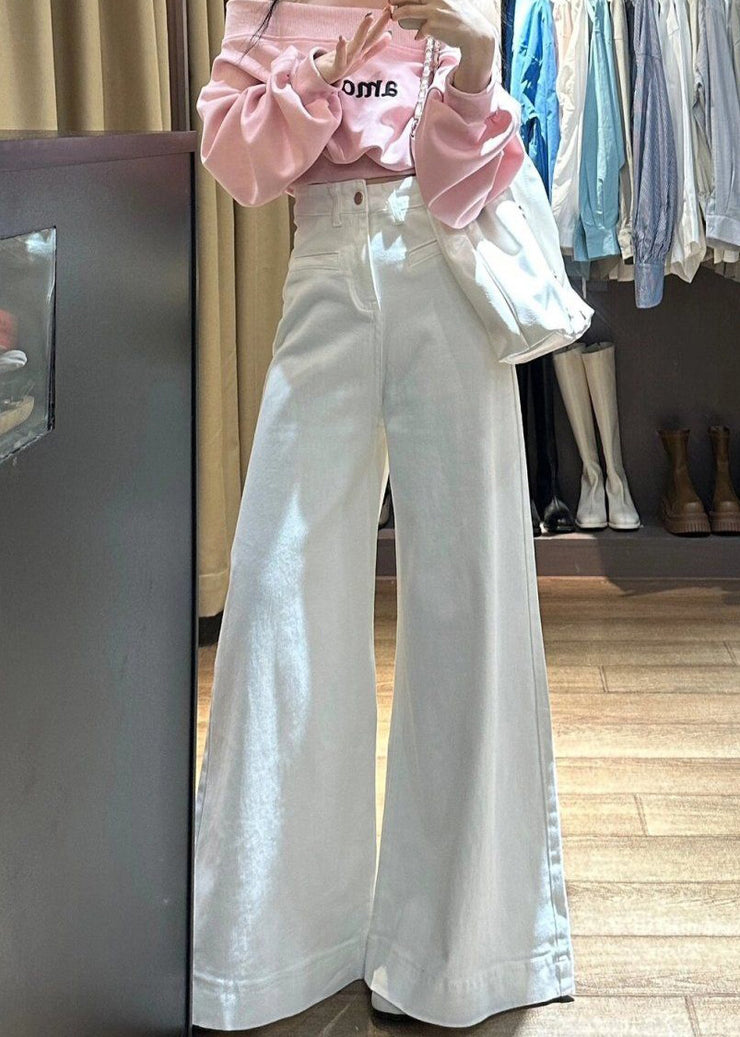 New Blue Button High Waist Denim Wide Leg Pants Summer