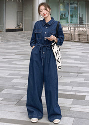 New Blue Button Lace Up Pockets Denim Jumpsuit Long Sleeve