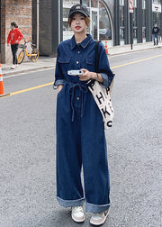 New Blue Button Lace Up Pockets Denim Jumpsuit Long Sleeve