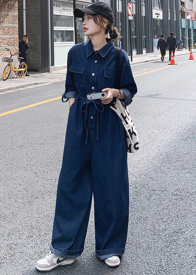 New Blue Button Lace Up Pockets Denim Jumpsuit Long Sleeve